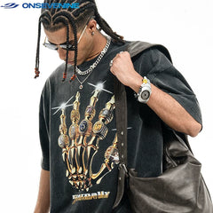 ONSEVENINE Golden Skeletal Hand Ring Graphic Tee